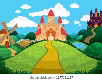 Beautiful background with castles, pond, mill and fields. Children's vector illustration. Fairy tale background.