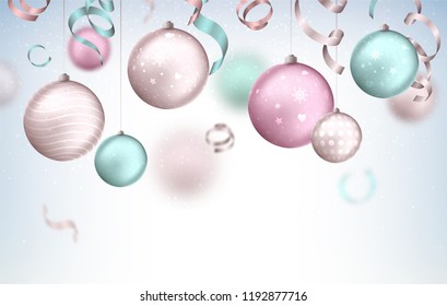 Beautiful background with Christmas decoration. Vector illustration of happy new year 2019 with 3d bright Christmas balls and serpentine. Holiday greeting card in pastel colors