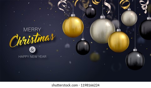 Beautiful background with Christmas decoration. Vector illustration of happy new year 2019 with 3d gold, black and silver Christmas balls and serpentine. Holiday greeting card