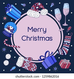 Beautiful background for Christmas. Vector frame with gifts, socks, champagne, gloves, snow globe. Creative design for greeting card, holiday invitation. Hand drawing. Cartoon objects.