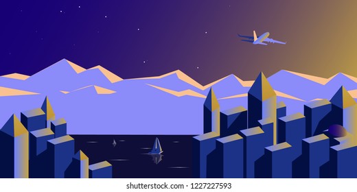 Beautiful background. City at sunset, the mountains on the horizon, the plane in the sky, boats in the sea. Vector illustration.