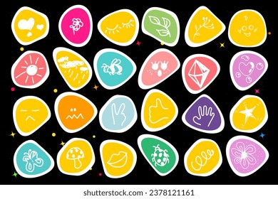 

Schöner Hintergrund mit Uhrenaufklebern. Collage von lustigen, süßen Y2k Aufklebern. Vektordesign mit süßen Handzeichnungen: Bienen, Schmetterling, Blume, Wolken, Regen, Pilze, Sonne, Bug, Kristall, Stern, Fingerklasse