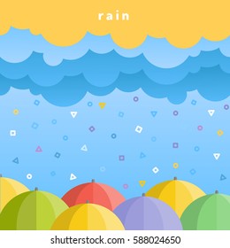 Beautiful background with clouds, raindrops and umbrellas. Vector flat illustration