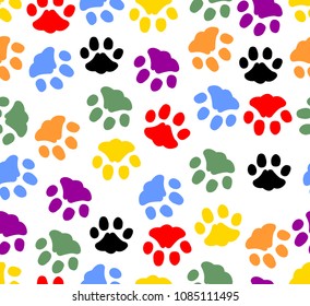 Beautiful background with colored prints of cat paws. Colorful cat footprints on white background.