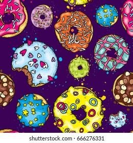 Beautiful background of colorful donuts. Vector illustration for postcard or poster, print on clothes. Food and desserts.