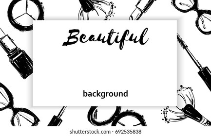 Beautiful background with cosmetics elements. Fashion hand drawn fashion background: glasses, makeup brush, lipstick, mascara. Cosmetics creative illustration with a place for your text.