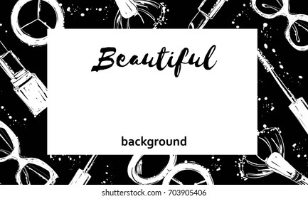 Beautiful background with cosmetics White elements on a black background. Hand drawn fashion background: glasses, makeup brush, lipstick, mascara.