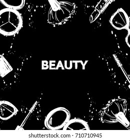 Beautiful background, cosmetics White elements on black background and ink splashes. Hand drawn fashion background: glasses, eyeshadow, makeup brush, lipstick, mascara. Cosmetics creative illustration