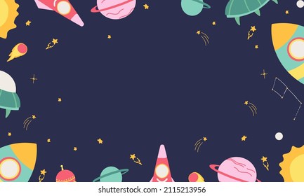 Beautiful background of cosmic elements. Spaceship, rocket, flying saucer, planet, constellation, galaxy, asteroid. Colorful and bright. Vector set in a flat cartoon style. For stickers, prints, decor