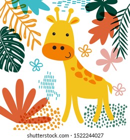 Beautiful background with cute animal giraffe and tropical leaf, vector illustration