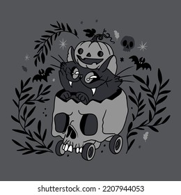 Beautiful background, cute cat sitting in a skull stroller with a pumpkin, illustration on a dark background, decoration for a postcard