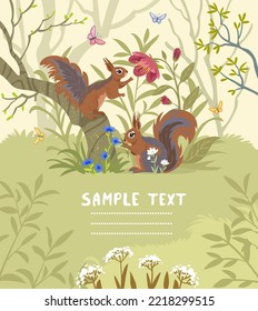 Hermoso fondo con hermosas ardillas en el bosque con lugar para el texto.  Ilustración vectorial infantil