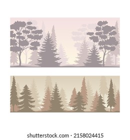 Beautiful background with deciduous and coniferous trees silhouettes set vector illustration