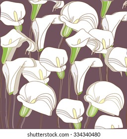 beautiful background with decorative white Calla lilies on brown background,can be use printing on t-shirts,bags