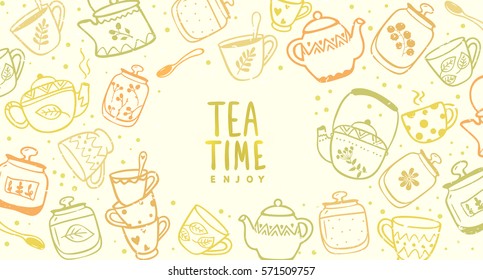 Beautiful background with doodle of kettles and mugs. Stylish vector illustration