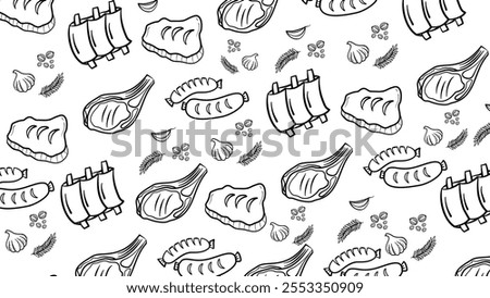 Beautiful background doodle steak meat. Steak meat background pattern. Meat Pattern Collection in Doodle.  Steaks and cuts of meat inscribed seamless background.