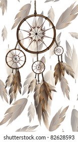 Beautiful background of feathers with dream catcher