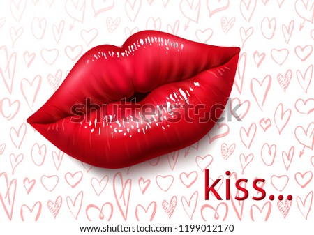 Beautiful background with female red lips, sexy lips, kiss, passion. Abstract background with hand draw hearts. 3D effect. Vector