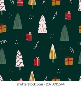 Beautiful background with fir trees, snow and gifts. Colorful seamless pattern with Christmas trees. Cute wallpaper, good for printing. Vector illustration in a flat style happy New Year. Winter time