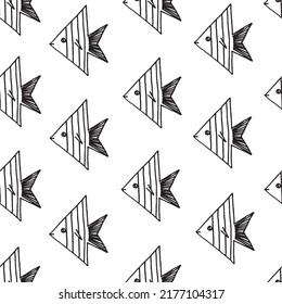 Beautiful background of fish drawn with black marker on white paper. Pattern from exotic marine animals. Vacation concept. Print for bed linen.