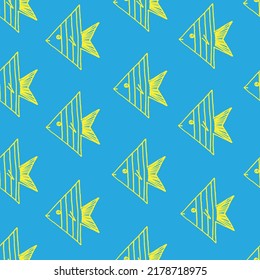Beautiful background of fish drawn with yellow marker on blue paper. Neon pattern from exotic marine animals. Vacation concept. Print for bed linen.