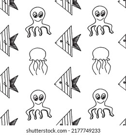 Beautiful background of fish, jellyfish and octopus drawn with black marker on white paper. Pattern from exotic marine animals. Vacation concept. Print for bed linen.