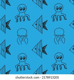 Hermoso fondo de peces, medusas y pulpos dibujados con marcador negro sobre papel azul. Patrón de animales marinos exóticos. Concepto de vacaciones. Imprimir para ropa de cama.