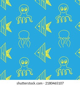 Beautiful background of fish, jellyfish and octopus drawn with yellow marker on blue paper. Neon pattern from exotic marine animals. Vacation concept. Print for bed linen.