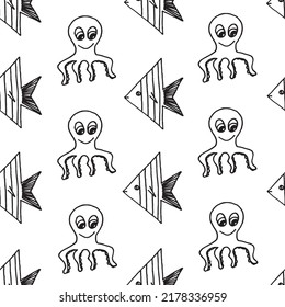 Hermoso fondo de peces y pulpos dibujados con marcador negro sobre papel blanco. Patrón de animales marinos exóticos. Concepto de vacaciones. Imprimir para ropa de cama.