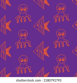 Beautiful background of fish and octopus drawn with orange marker on very peri paper. Neon pattern from exotic marine animals. Vacation concept. Print for bed linen.