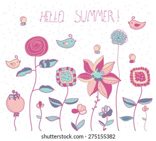 beautiful background with flowers and decorative birds bees on a white background, illustration with lettering Hello summer