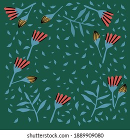 Beautiful background with flowers. House for butterflies of the rainforest. Doodle picture of red and yellow wild flowers and plants. Illustration for a spring or summer poster.