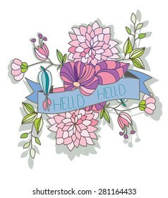 beautiful background with flowers and ribbon on white background