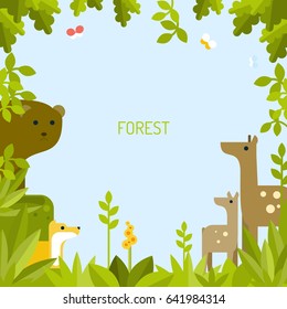 Beautiful background with forest animals. Vector flat illustration.