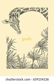 Beautiful background with a giraffe and palm trees. Vintage style. Vector illustration.