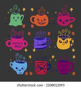 Beautiful background with Halloween cups, holiday drinks, decoration