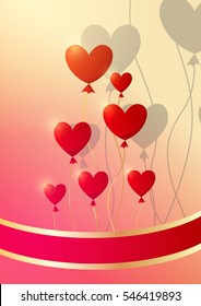 Beautiful background with hearts-balloons and ribbon for a card on Valentine's Day, wedding or other celebration.