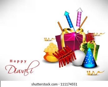 Beautiful background for Hindu community festival Diwali or Deepawali in India with sweets, gifts and firecrackers. EPS 10.
