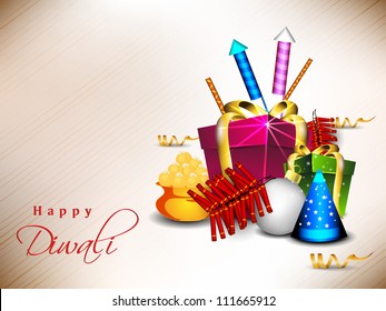 Beautiful background for Hindu community festival Diwali or Deepawali in India with sweets, gifts and firecrackers. EPS 10.