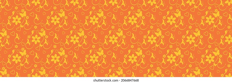 Beautiful background image with flowers, leaves and butterflies on an orange background for your design. Seamless background for wallpaper, textures. Vector illustration.