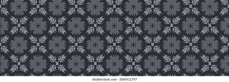 Beautiful background image with gray decorative elements on a black background for your design. Seamless background for wallpaper, textures. Vector illustration.