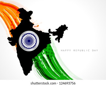 Beautiful background with Indian map, Asoka wheel and brush stroke type Indian flag design. Vector illustration