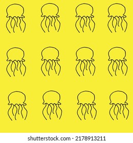 Beautiful background of jellyfish drawn with a black marker on yellow paper. Pattern from exotic marine animals. Vacation concept. Print for bed linen.