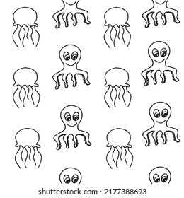 Beautiful background of jellyfish and octopus drawn with a black marker on white paper. Pattern from exotic marine animals. Vacation concept. Print for bed linen.