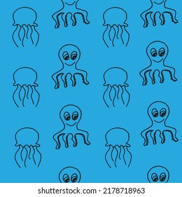 Beautiful background of jellyfish and octopus drawn with a black marker on blue paper. Pattern from exotic marine animals. Vacation concept. Print for bed linen.