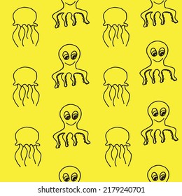 Beautiful background of jellyfish and octopus drawn with a black marker on yellow paper. Pattern from exotic marine animals. Vacation concept. Print for bed linen.