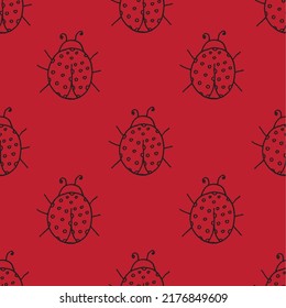 Beautiful background of ladybugs drawn with a black marker on red paper. Seamless beetle pattern. Print for bed linen.