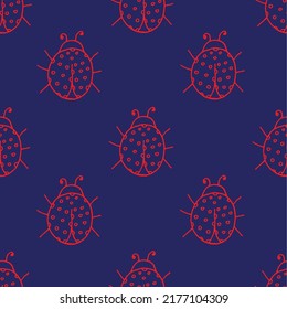 Beautiful background of ladybugs drawn with a red marker on very peri paper. Neon seamless beetle pattern. Print for bed linen.