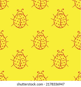 Beautiful background of ladybugs drawn with a red marker on yellow paper. Seamless beetle pattern. Print for bed linen.
