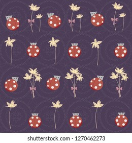 Beautiful background. Ladybugs and flowers. Purple texture. Dark wallpaper. Cute unusual creatures. Fantasy, a fairy tale. Red, beige, bright colors. Summer, spring, night. Perfume Miracles.